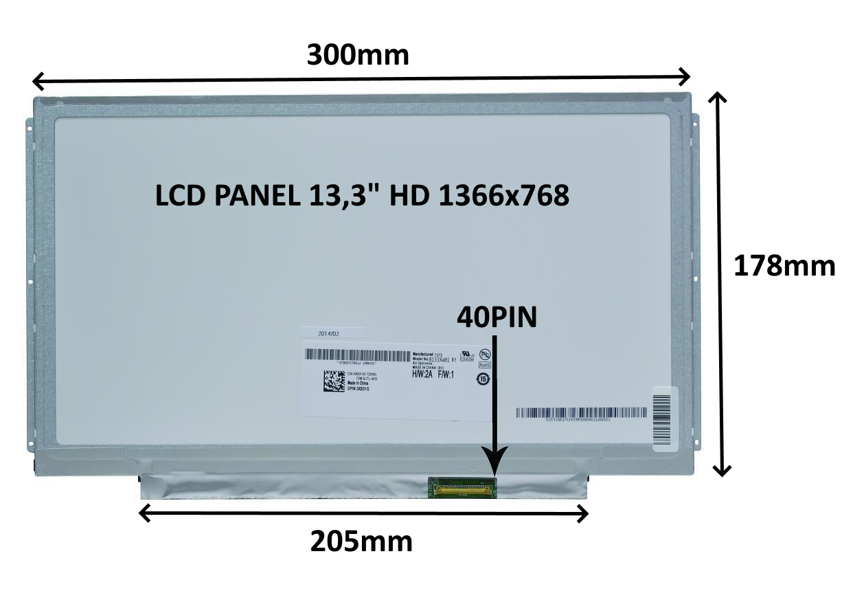 LCD PANEL 13,3" HD 1366x768 40PIN MATNÝ / ÚCHYTY PO STRANÁCH