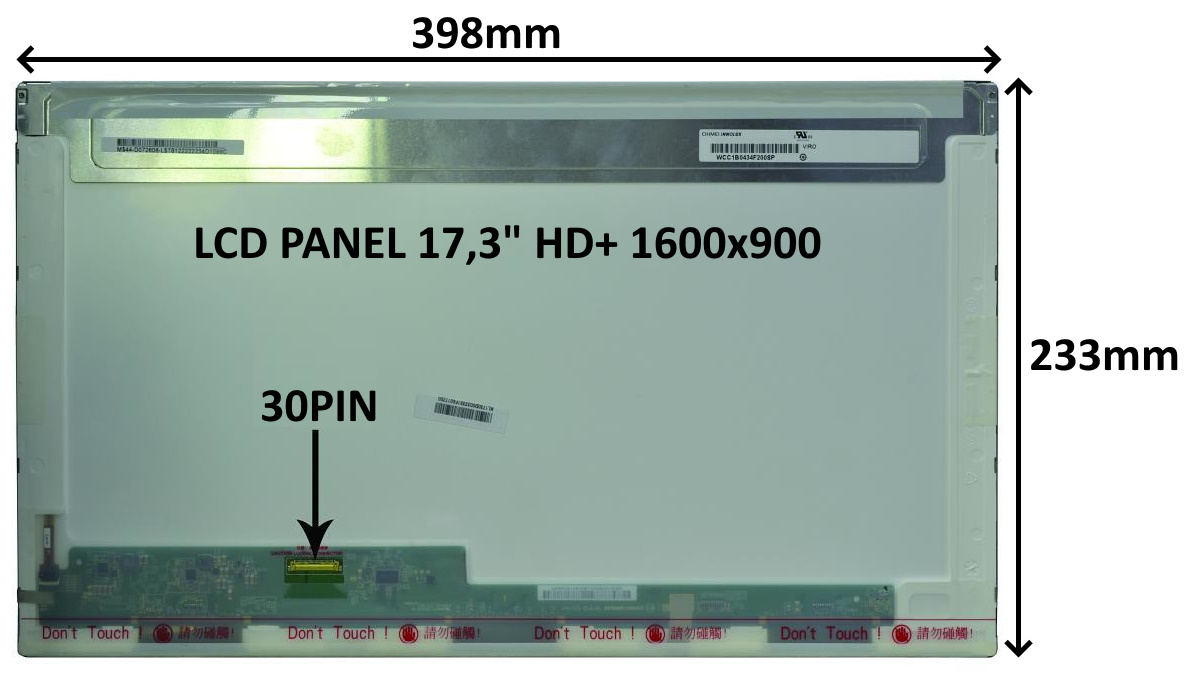 LCD PANEL 17,3" HD+ 1600x900 30PIN LESKLÝ / ŠROUBOVÁNÍ Z BOKŮ