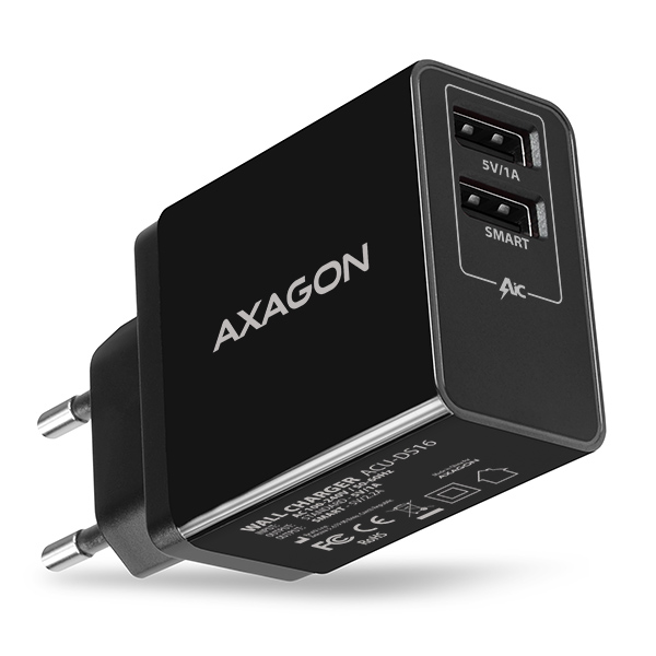 AXAGON ACU-DS16, SMART nabíječka do sítě 16W, 2x USB-A port, 5V/2.2A +
