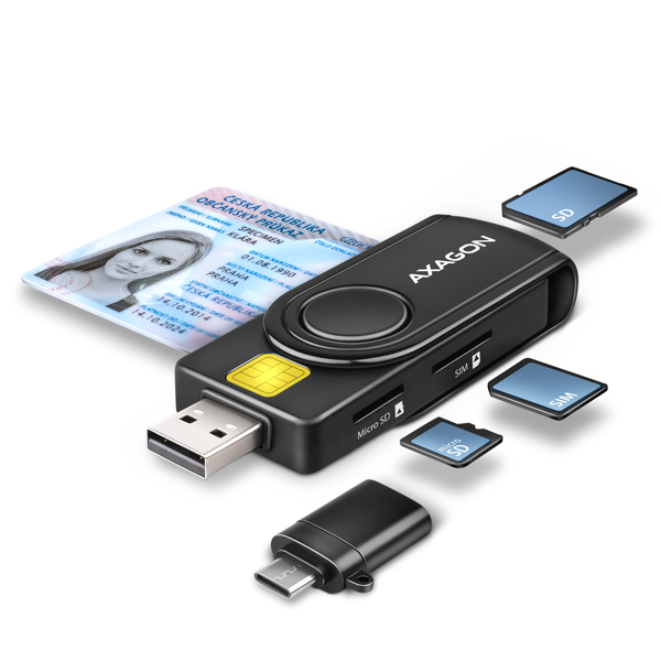 AXAGON CRE-SMP2A, USB-A + USB-C PocketReader 4-slot čtečka Smart card
