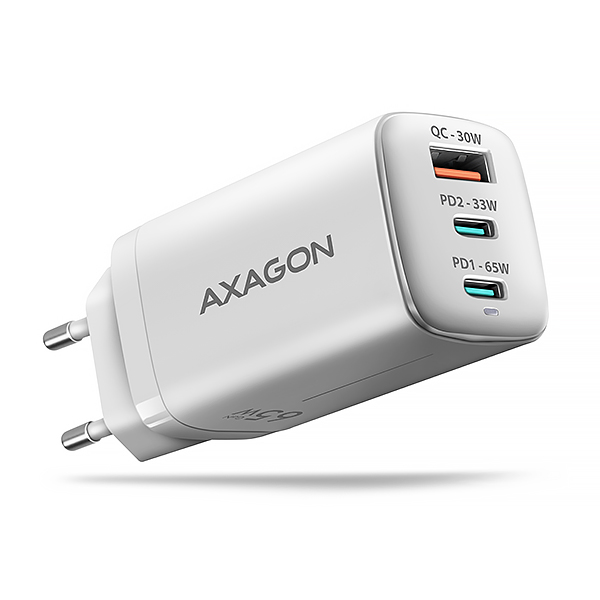 AXAGON ACU-DPQ65W, GaN nabíječka do sítě 65W, 3x port (USB-A + dual US