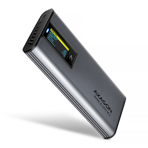 AXAGON EEM2-SD2, USB-C 10Gbps externý box s displejom pre M.2 NVMe/SAT