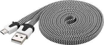 PremiumCord Kabel micro USB 2.0, A-B 2m, plochý textilní kabel, černo-