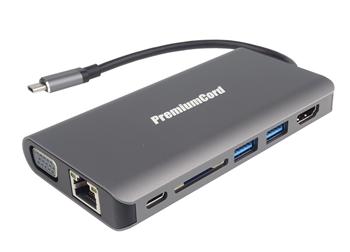 PremiumCord Převodník USB3.1 typ C na HDMI+VGA+RJ45+2xUSB3.0+SD card +