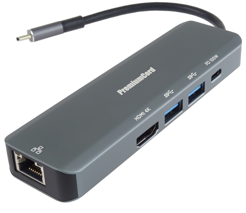 PremiumCord USB-C na HDMI, 2x USB3.2, PD 100W,RJ45