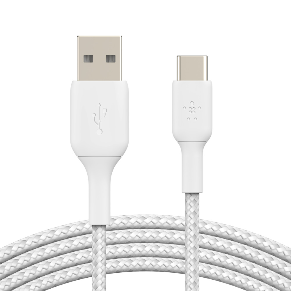 BELKIN kabel oplétaný USB-C - USB-A, 2m, bílý