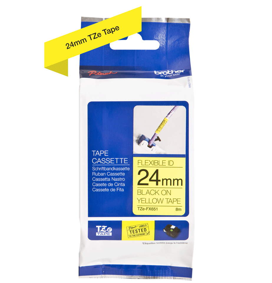 TZe-FX651, černý tisk na žluté, šířka 24 mm