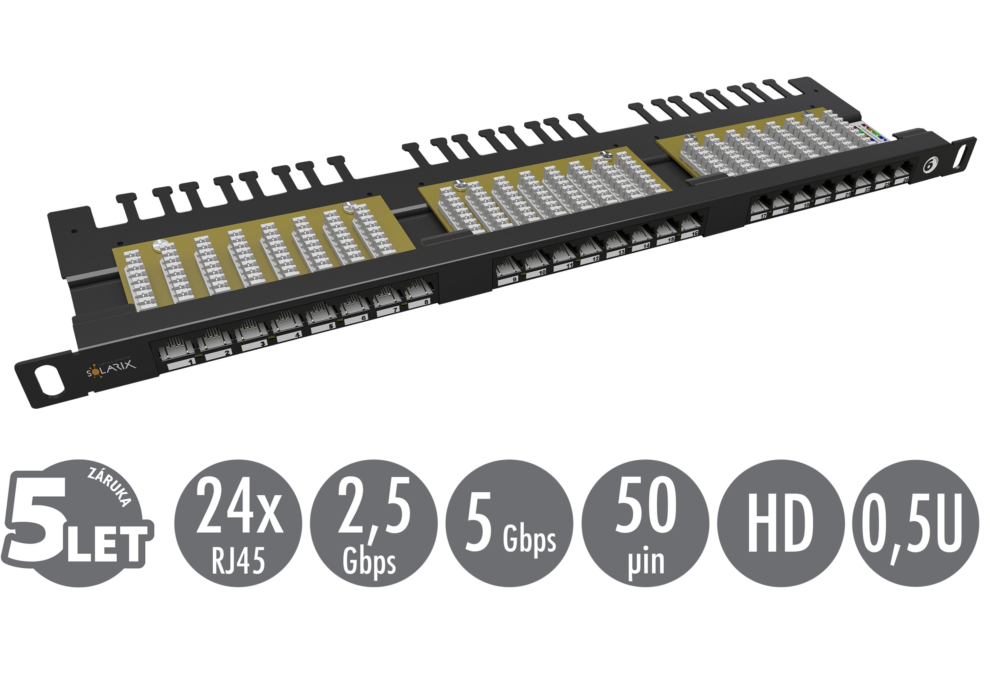 19" patch panel Solarix 24xRJ45 CAT6 UTP s vyvazovací lištou černý 0,5