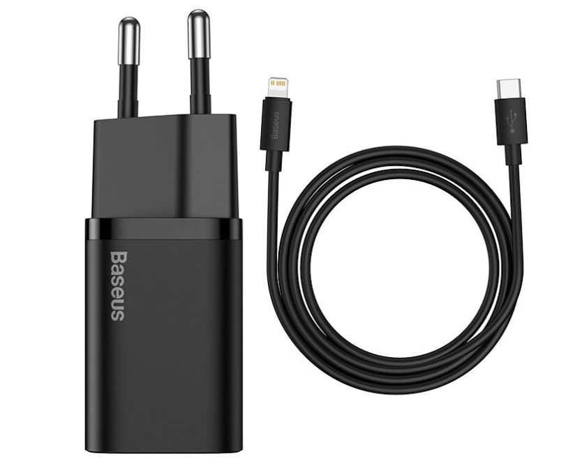 Baseus rýchlonabíjačka do siete Super Si USB-C PD QC 20W čierna s káblom USB-C/Lightning 1m