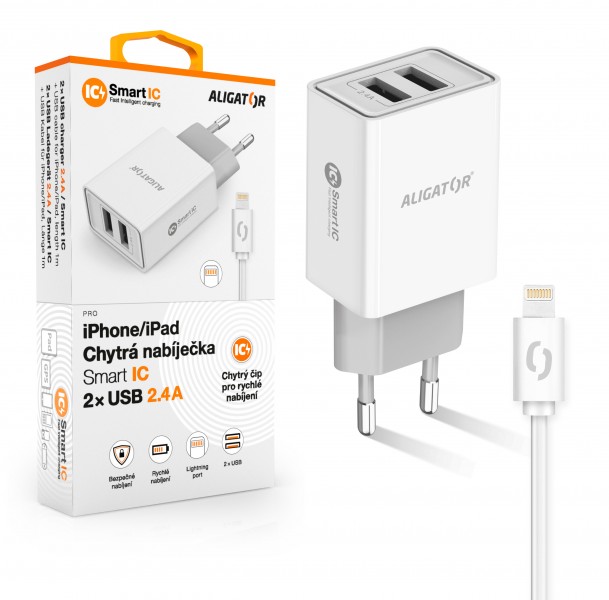 ALIGATOR Chytrá síťová nabíječka 2,4A, 2xUSB, smart IC, bílá, USB kabe