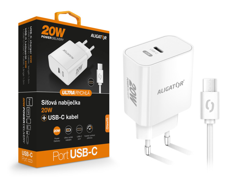 Chytrá síťová nabíječka ALIGATOR Power Delivery 20W, USB-C/USB-C kabel