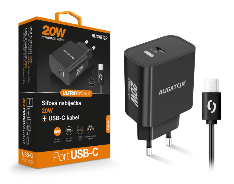 Chytrá síťová nabíječka ALIGATOR Power Delivery 20W, USB-C/USB-C kabel