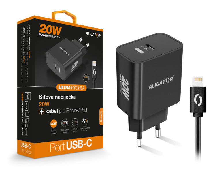 Chytrá síťová nabíječka ALIGATOR Power Delivery 20W, USB-C kabel pro i