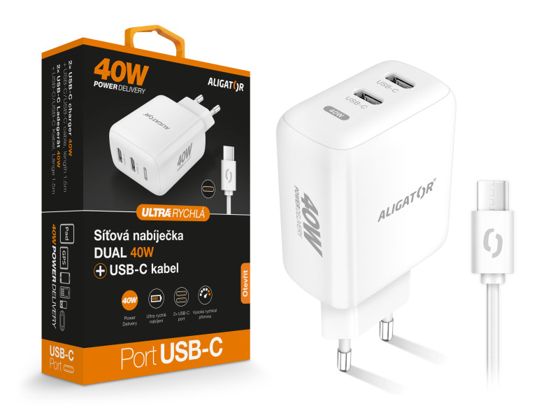 Chytrá síťová nabíječka ALIGATOR Power Delivery 40W, 2xUSB-C, USB-C/US