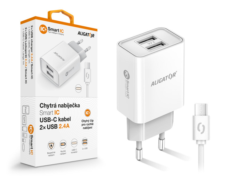 Chytrá síťová nabíječka ALIGATOR 2,4A, 2xUSB, smart IC, bílá, USB-C ka