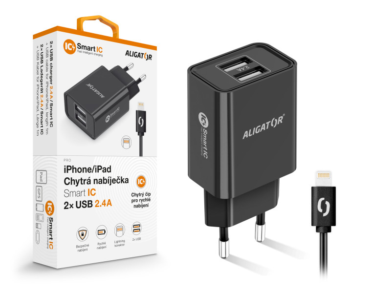 Chytrá síťová nabíječka ALIGATOR 2,4A, 2xUSB, smart IC, černá, USB kab