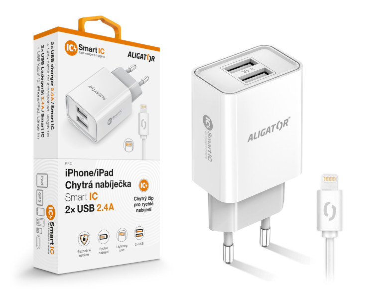 Chytrá síťová nabíječka ALIGATOR 2,4A, 2xUSB, smart IC, bílá, USB kabe