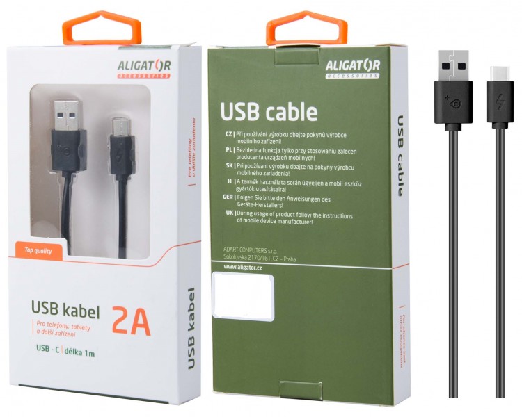 Datový kabel , USB-C, 2A, 1m, prodloužený konektor 9mm, černý