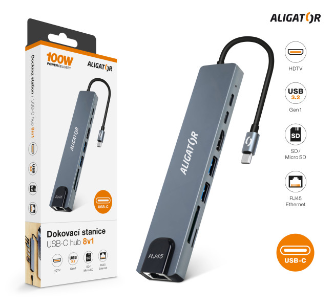 Aligator Dokovací stanice USB-C / Hub 8v1 (USB-C / 2xUSB / SD / MicroS