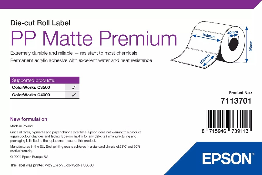 EPSON PP Matte Label Premium, Die-cut Roll, 105mm x 152mm, 185 Labels
